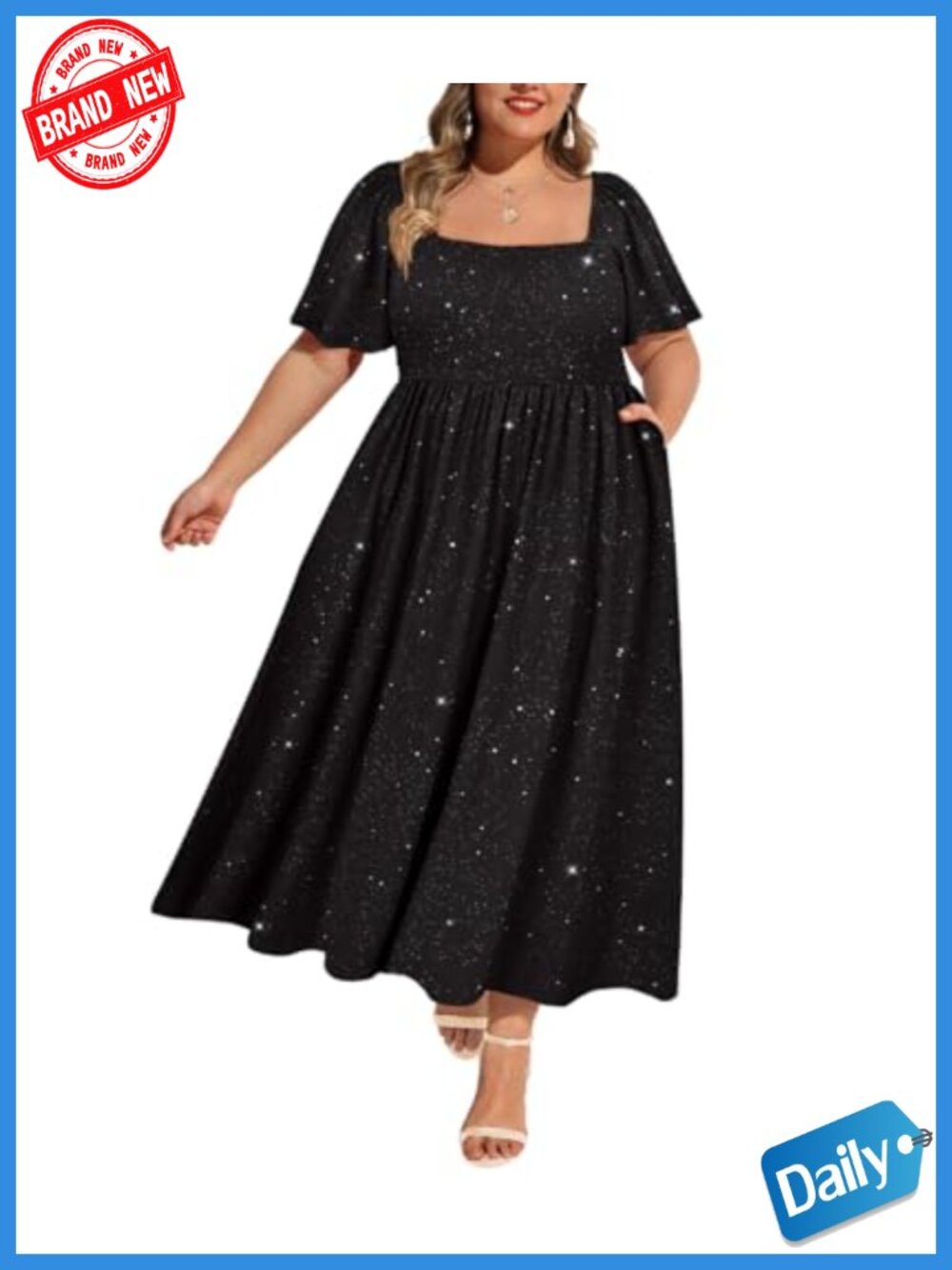 Plus Size Cotton Spandex Square Neck Short Sleeve Smocked Maxi Dress with